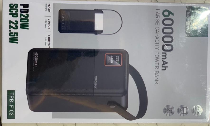پاوربانک 60000 میلی‌آمپر توپومکس مدل TPB-F102 | شارژ سریع 22.5 وات و ظرفیت بسیار بالا